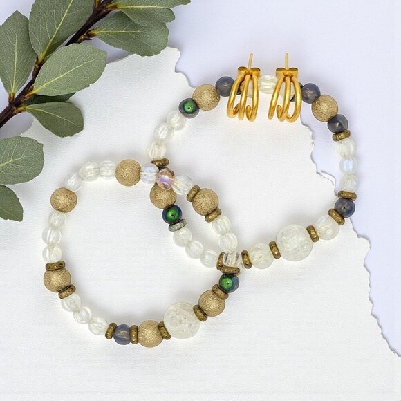 ๐๏ธHandmade Crystal Beaded Bracelet Set & 18K Gold Plated C-Hoop Earrings Summer - Picture 13 of 13